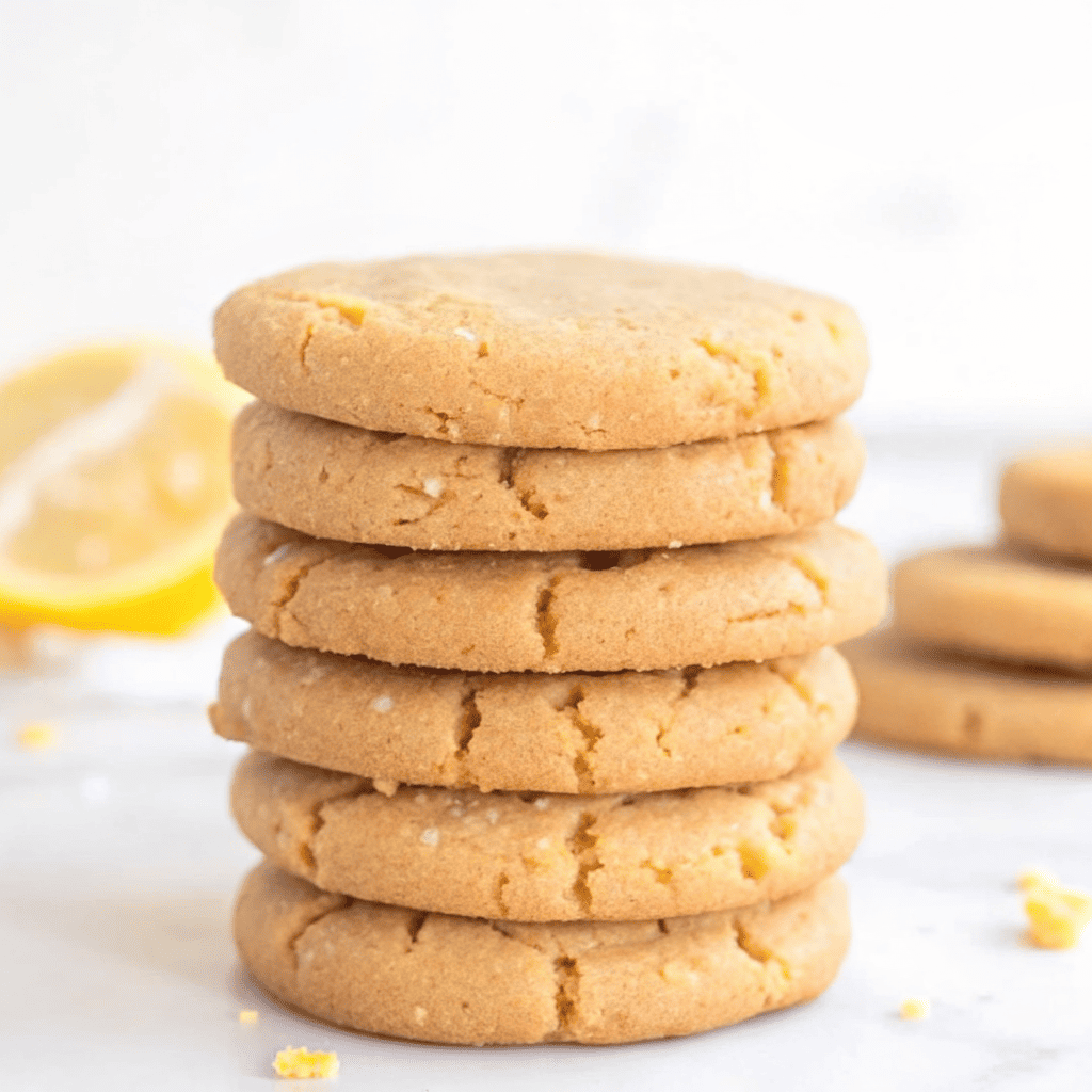 4 Ingredient No Bake Lemon Cookies stacked on marble