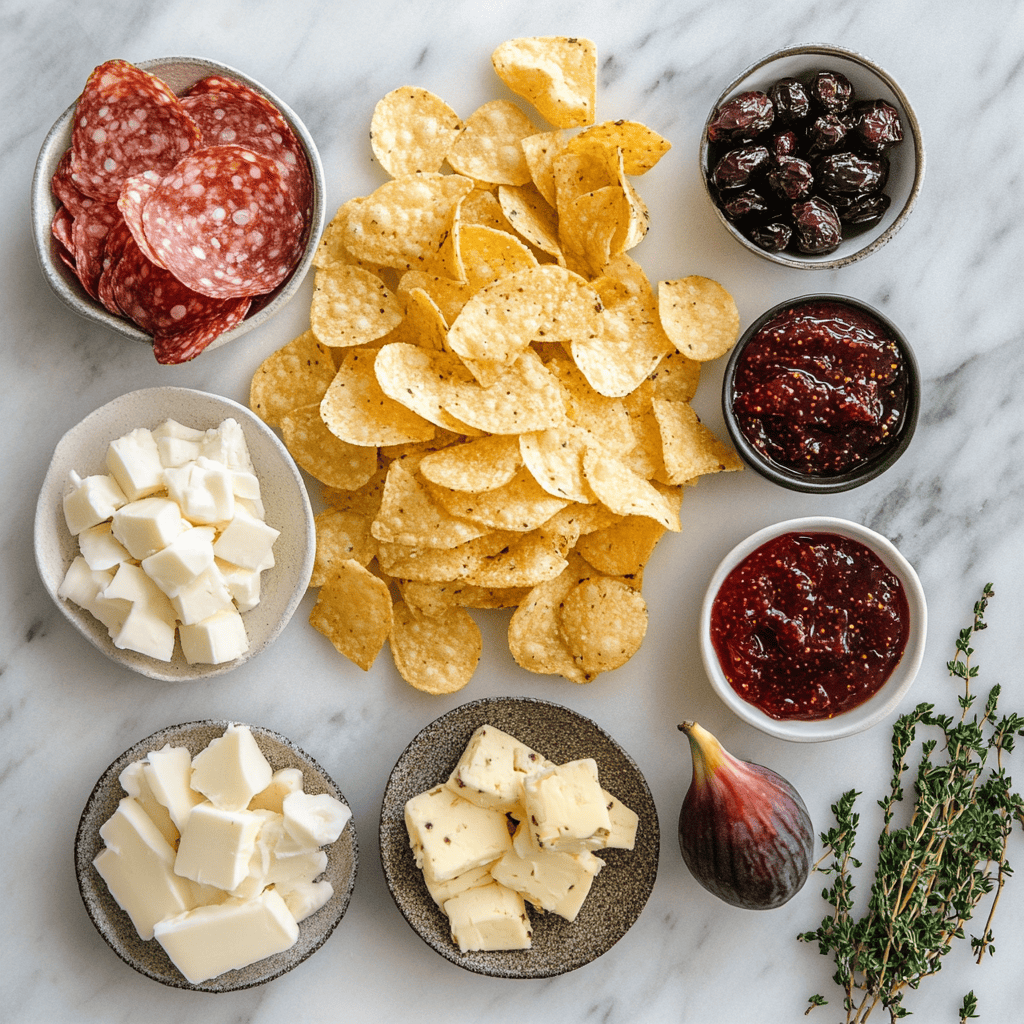 Charcuterie Nachos: The Ultimate Girl Dinner Trend You’ll Love 7 ingredients for charcuterie nachos flat lay