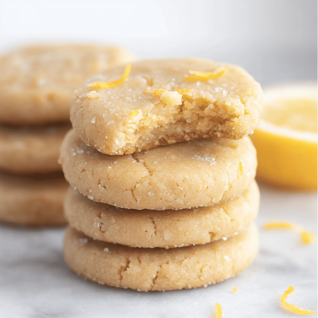 Close-up view of stacked 4 Ingredient No Bake Lemon Cookies