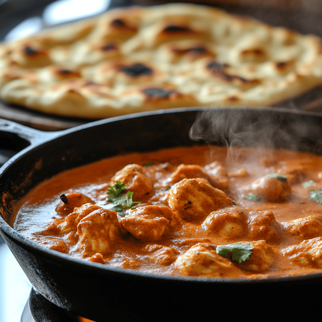 Butter chicken simmering with naan on a hot pan