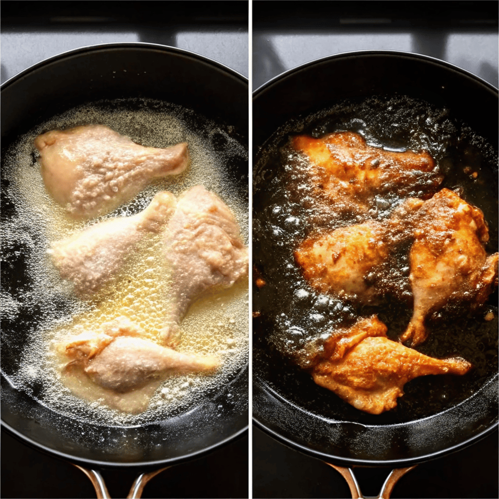 Rabbit frying in oil in cast iron skillet