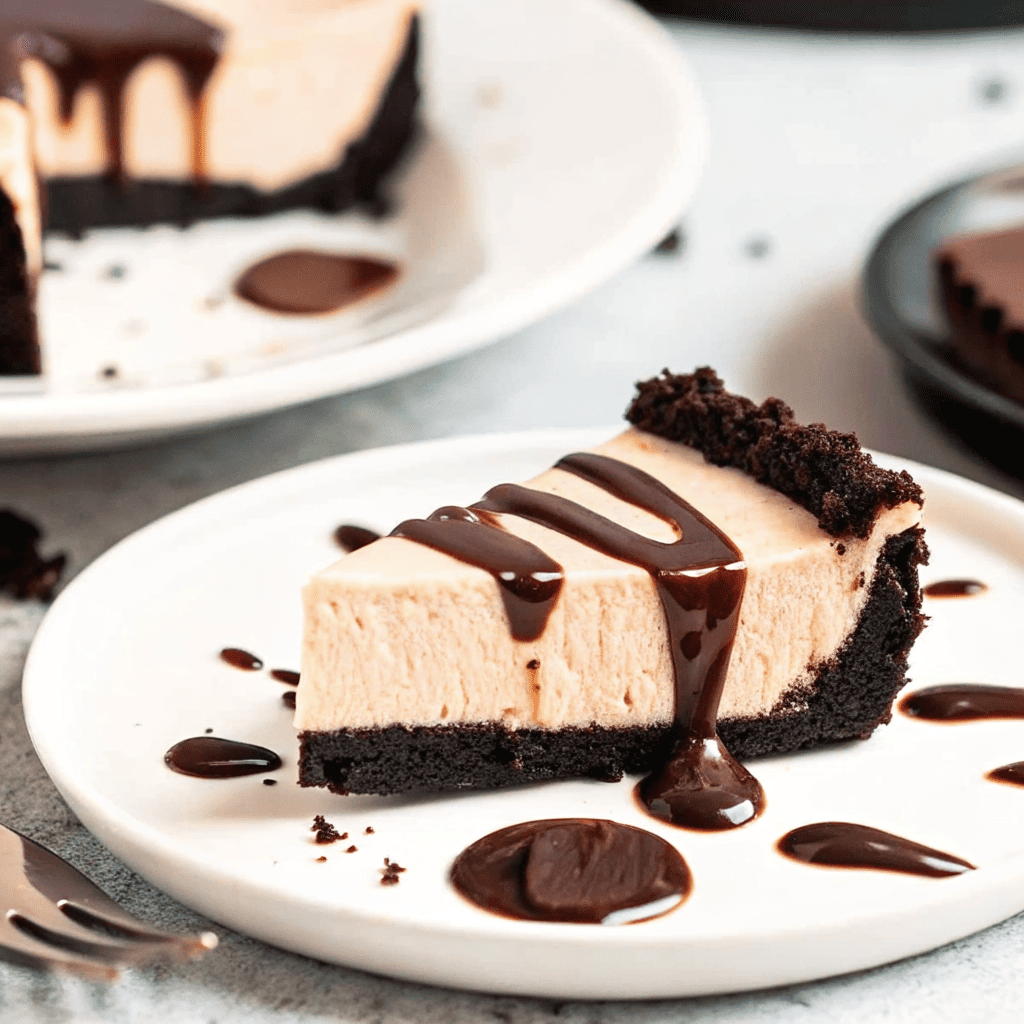 A slice of keto cold brew coffee pie with a chocolate almond crust, drizzled with sugar-free chocolate sauce