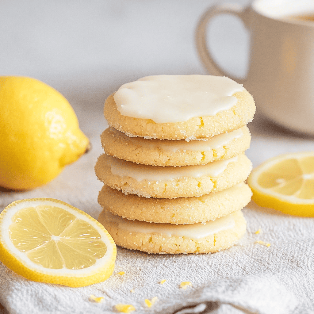 Stack of keto lemon sugar cookies on rustic table