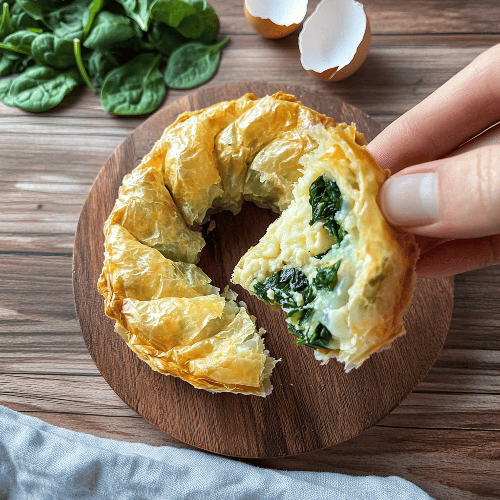 Rice paper spanakopita spiral on rustic board