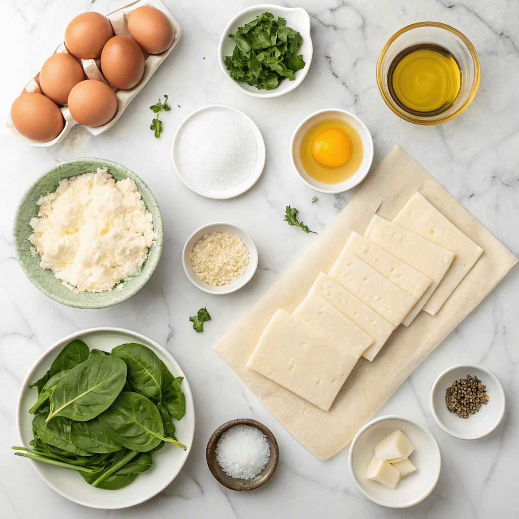 Ingredients for rice paper spanakopita laid out