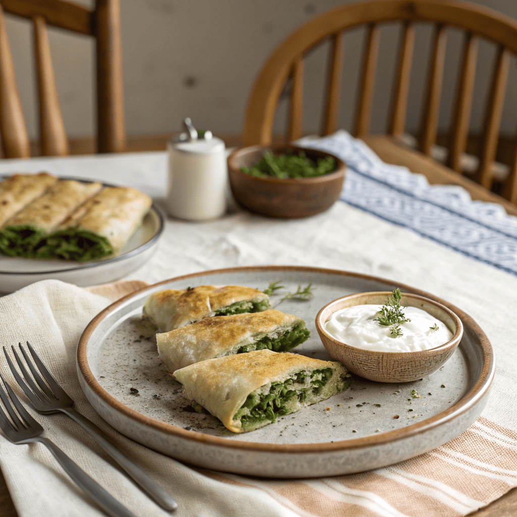 Served rice paper spanakopita with sauce