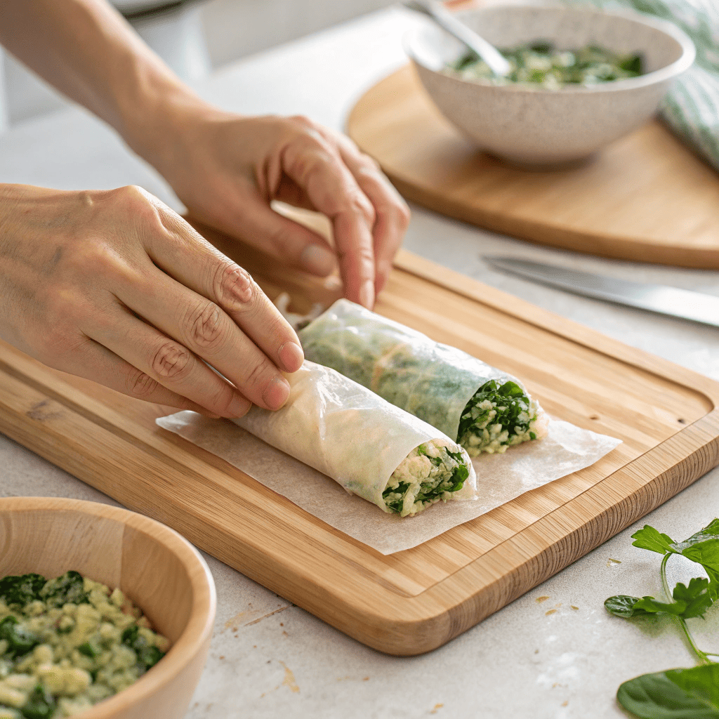 Rolling rice paper spanakopita step