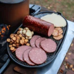 smoked bologna sliced on platter with grilled sides