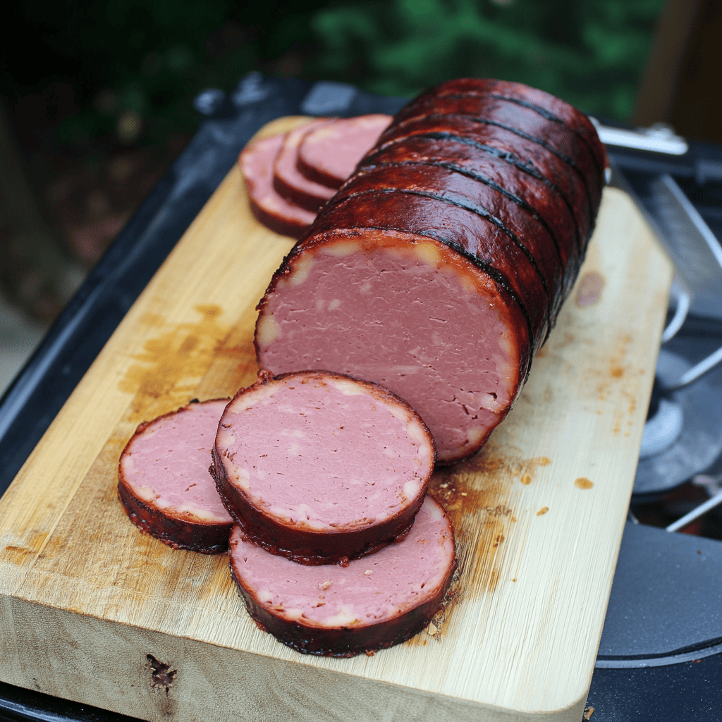 sliced smoked bologna chub on cutting board