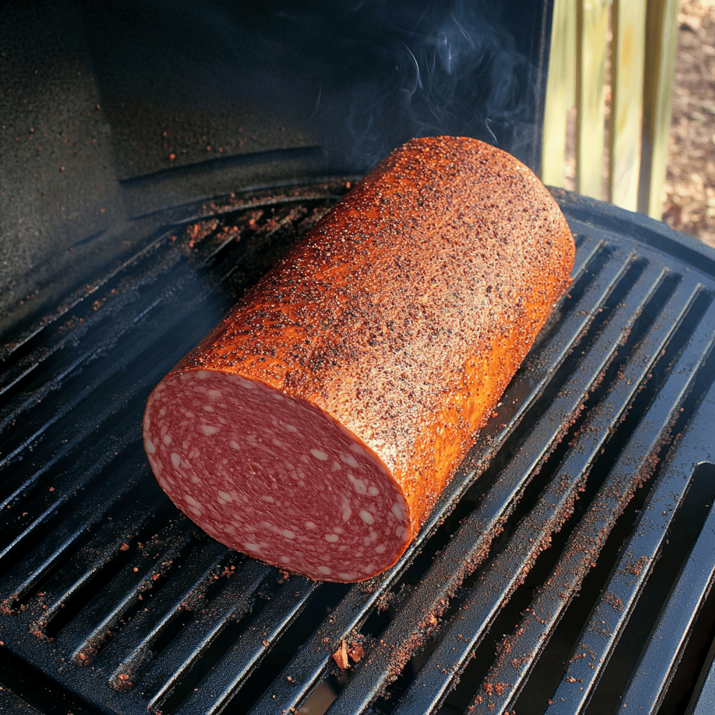 seasoned smoked bologna chub smoking on grill grates