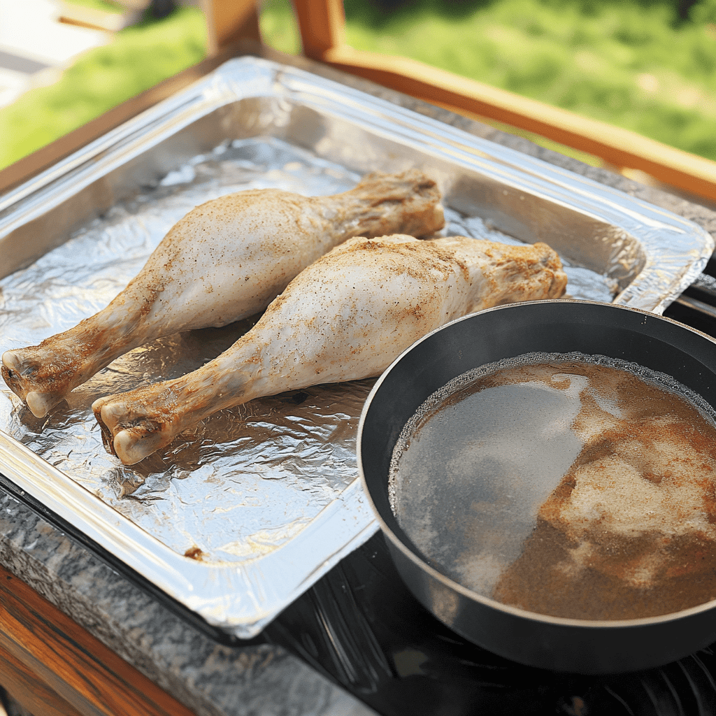 Raw turkey legs on foil-lined tray beside a pot of warm brine mixture on an outdoor counter