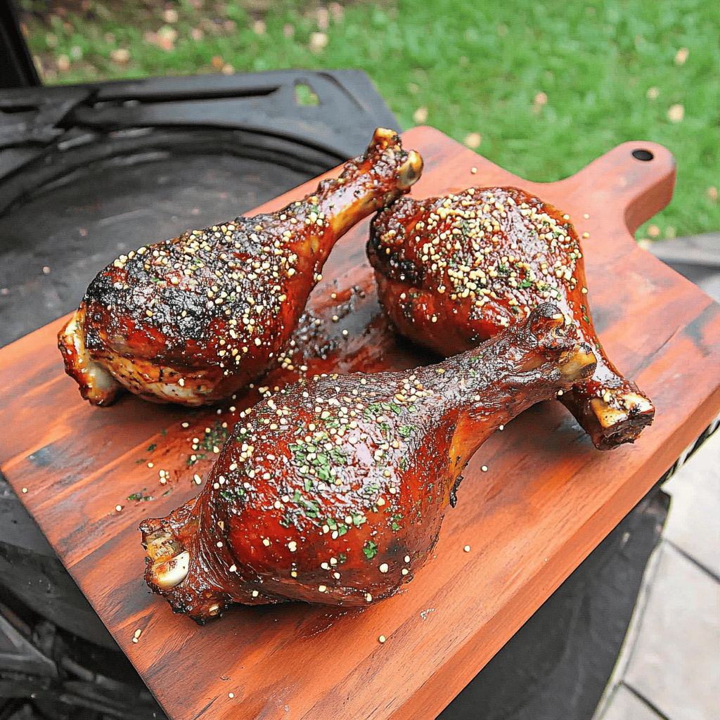 Glazed smoked turkey legs resting on a wooden board, garnished with sesame seeds and herbs