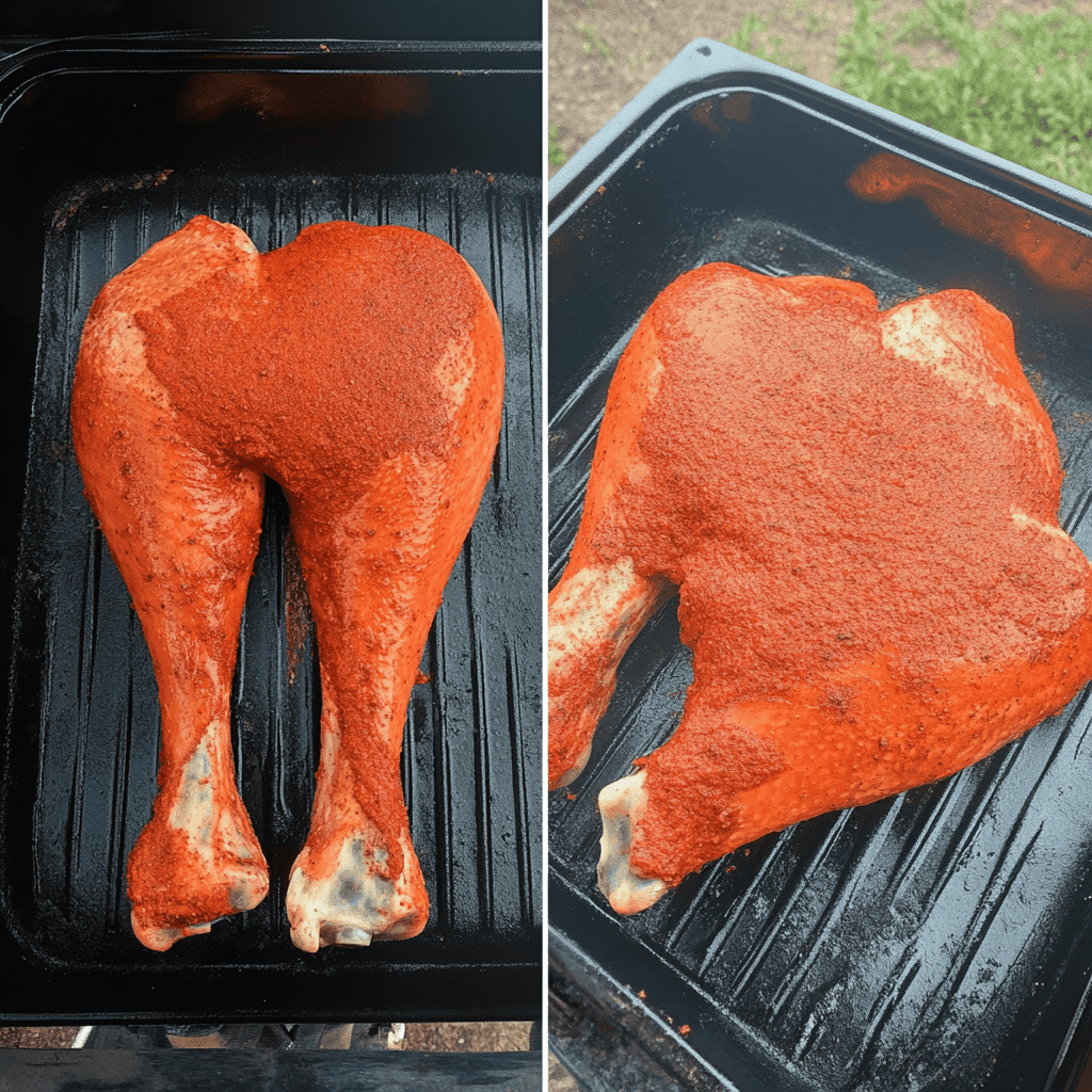 Seasoned raw turkey legs coated in dry rub, displayed on a black grill tray in preparation for smoking