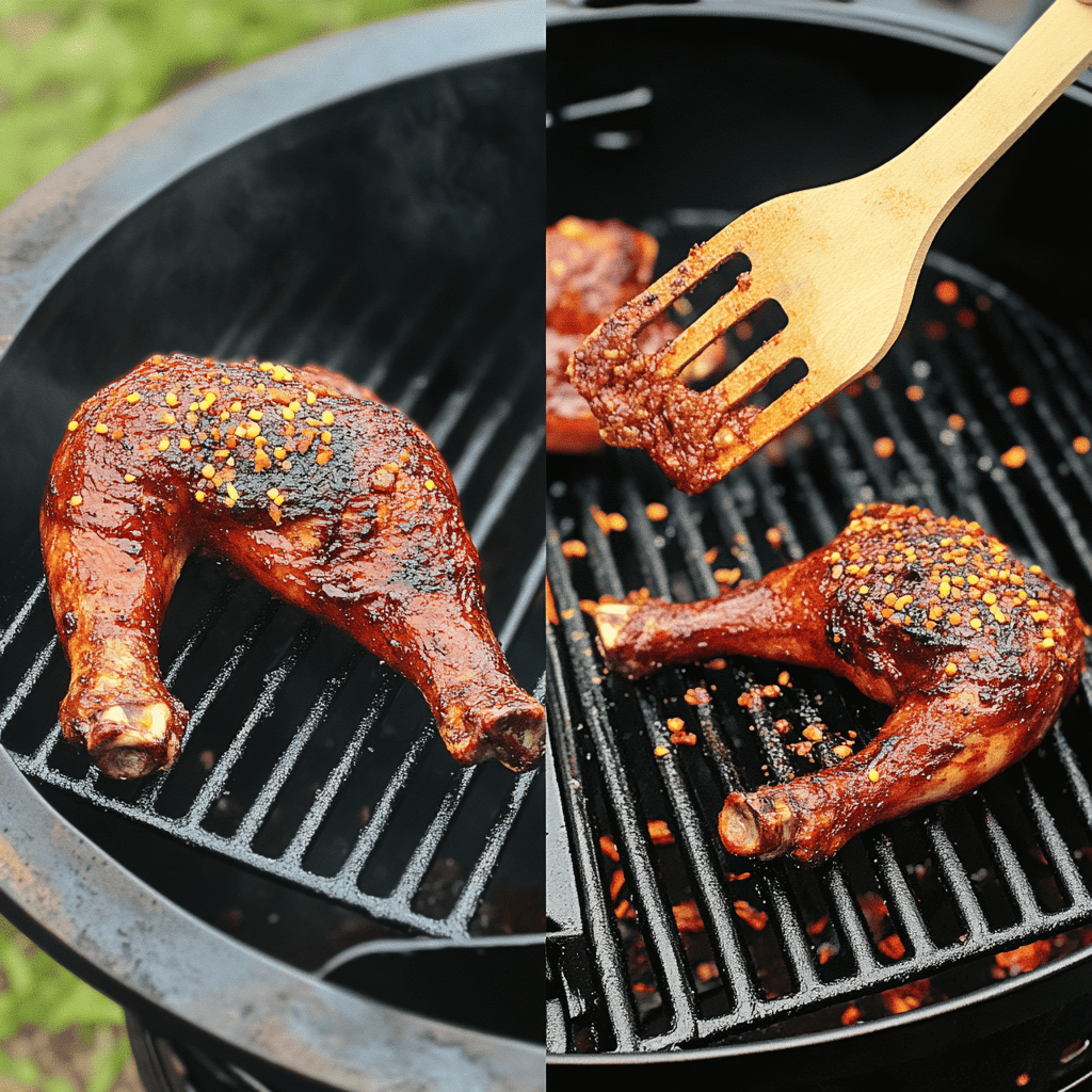 Glazed turkey legs on a smoker grill being brushed with hot honey glaze and chili flakes
