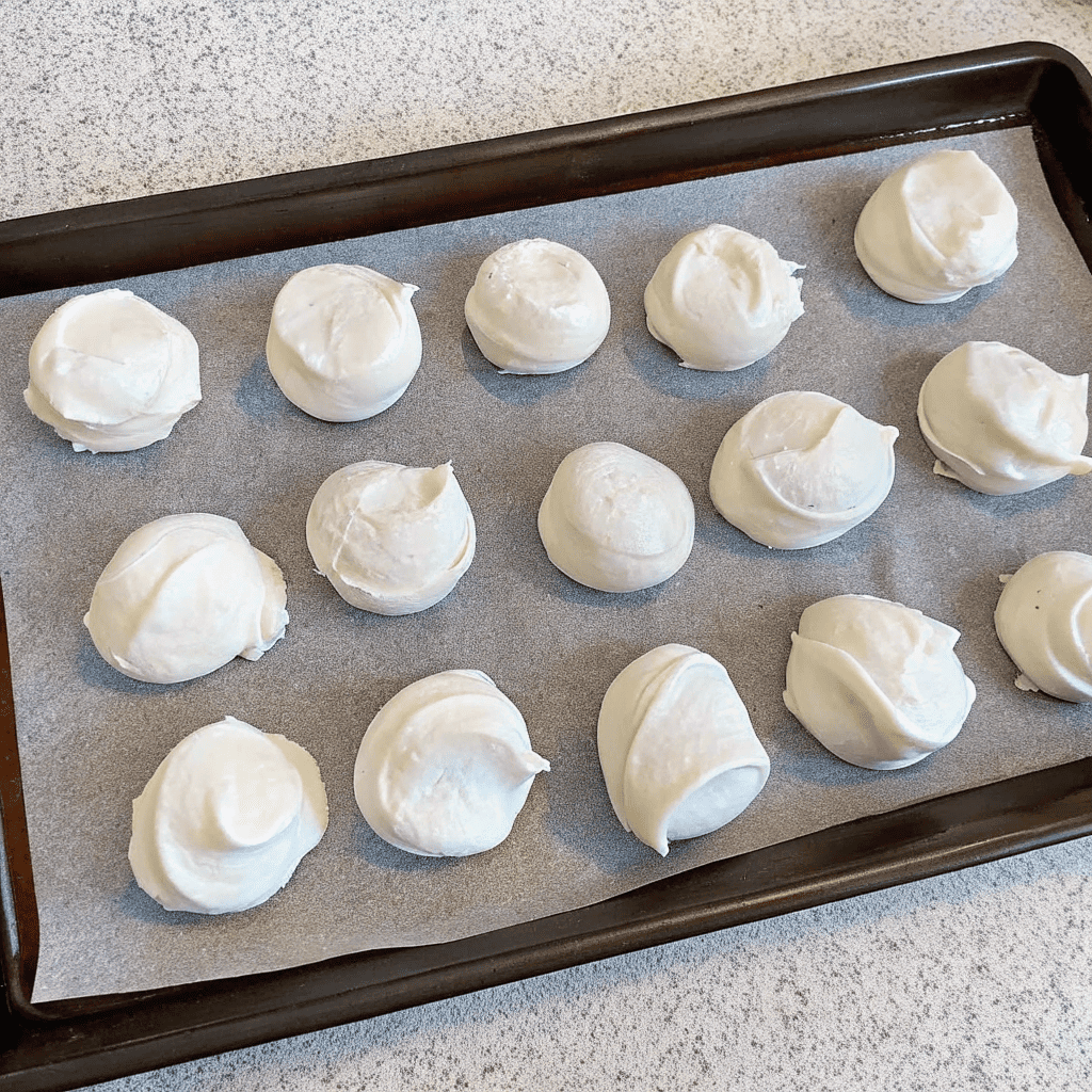 Cream cheese filling for Taco Bell Cinnabon Delights piped and ready to freeze