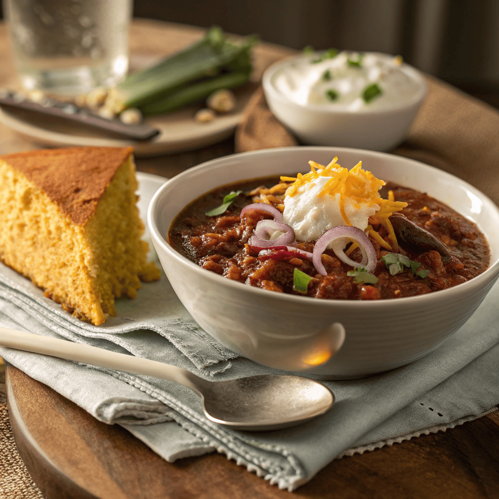 Bowl of chili served with cornbread for award winning chili recipe
