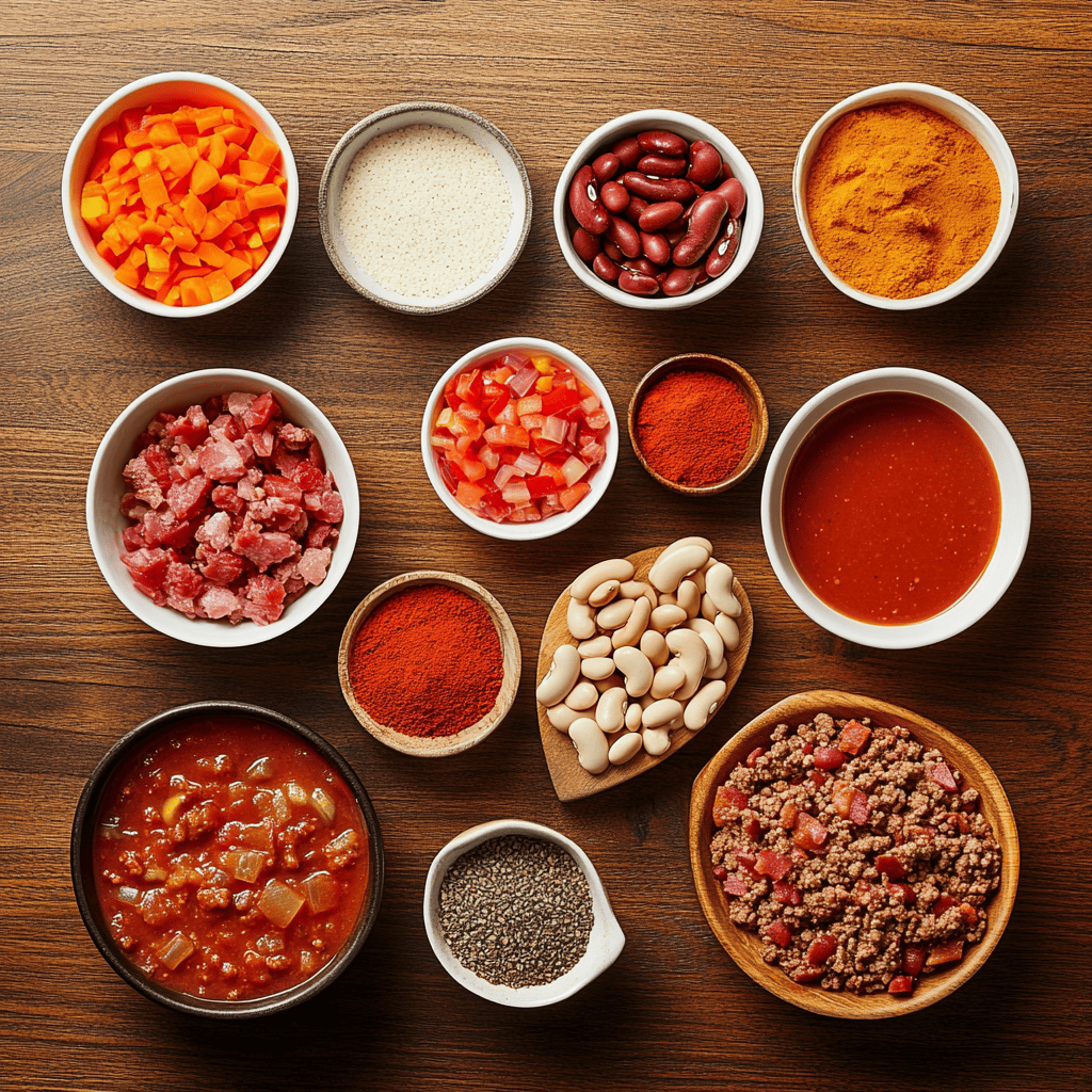 hili ingredients laid out for award winning chili recipe