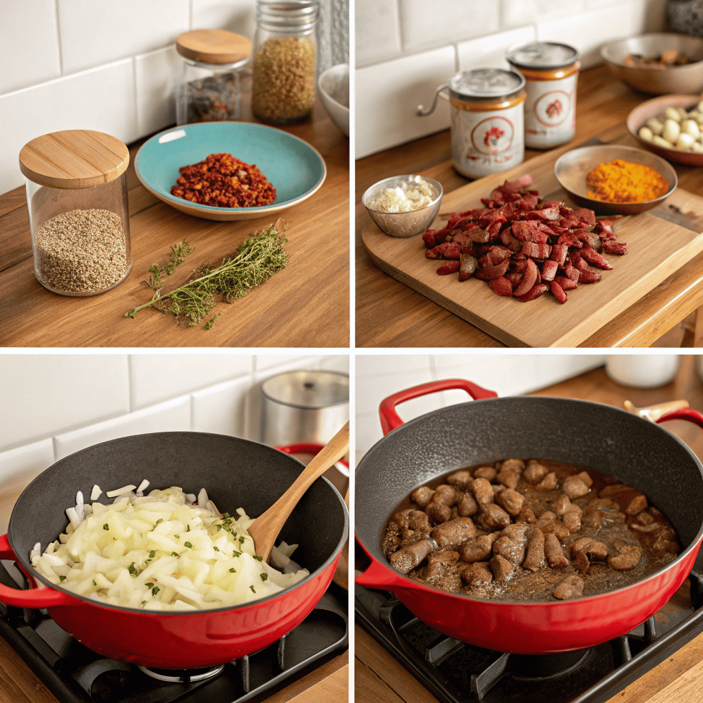 Steps of making award winning chili recipe in Dutch oven