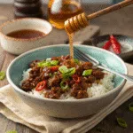 Served ground beef hot honey bowl with toppings