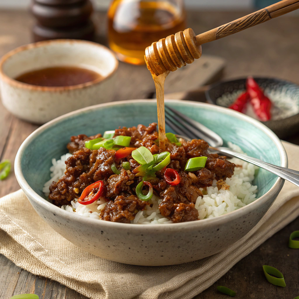 Served ground beef hot honey bowl with toppings