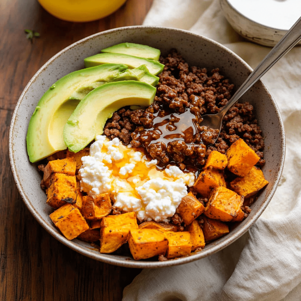 hot honey beef bowl on rustic table