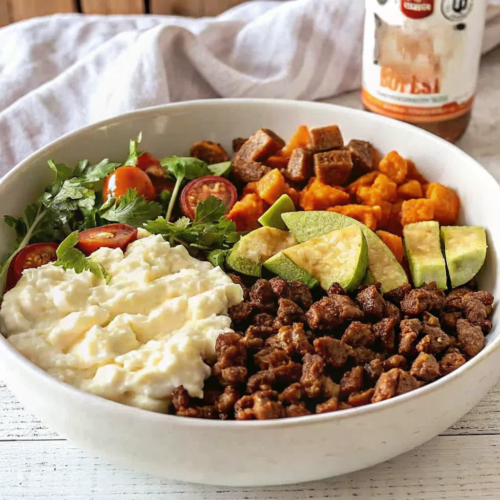 Hot honey ground beef bowl with avocado and sweet potatoes