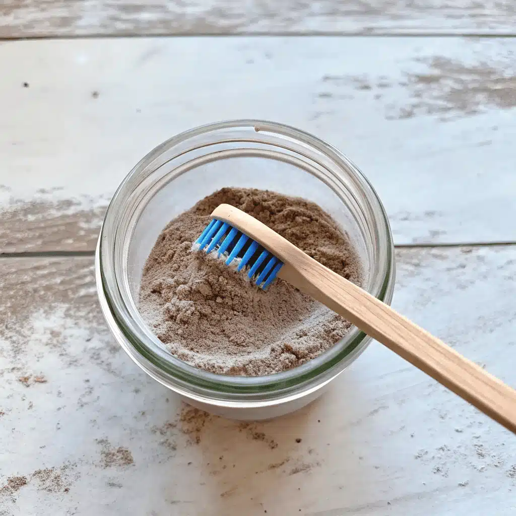 powdered toothpaste recipe in rustic jar with wooden toothbrush