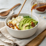 Hot honey beef bowl with recipe card