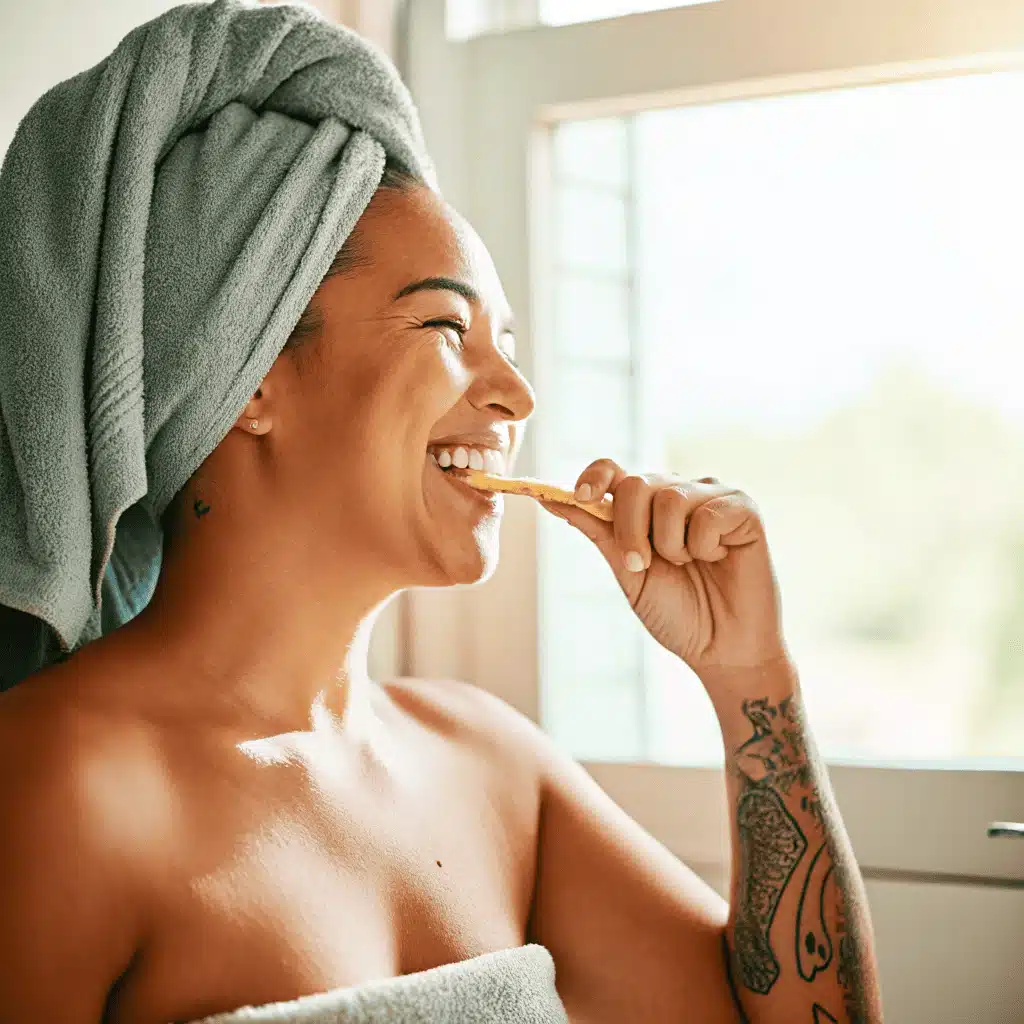 woman brushing teeth with homemade powdered toothpaste wrapped in towel