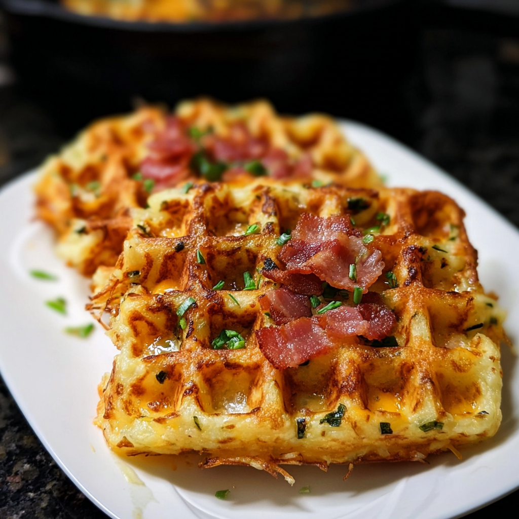 Bacon and Cheese Loaded Hashbrown Waffles