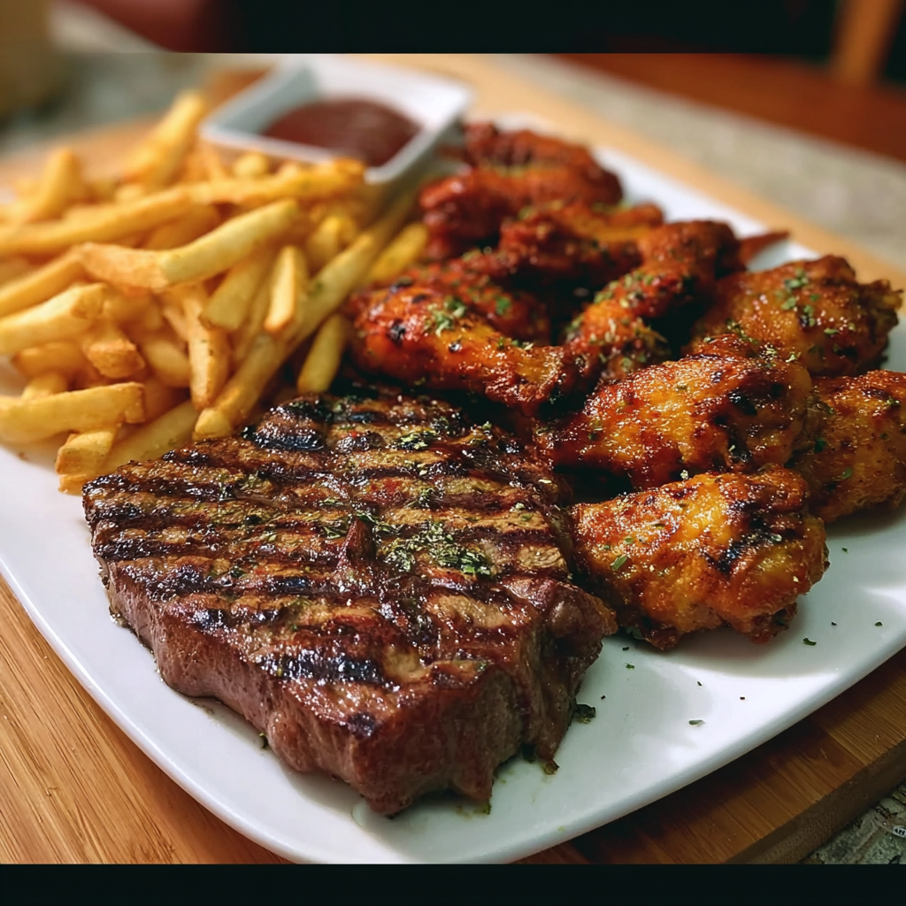 Grilled Steak with Crispy Fries and BBQ Chicken Wings