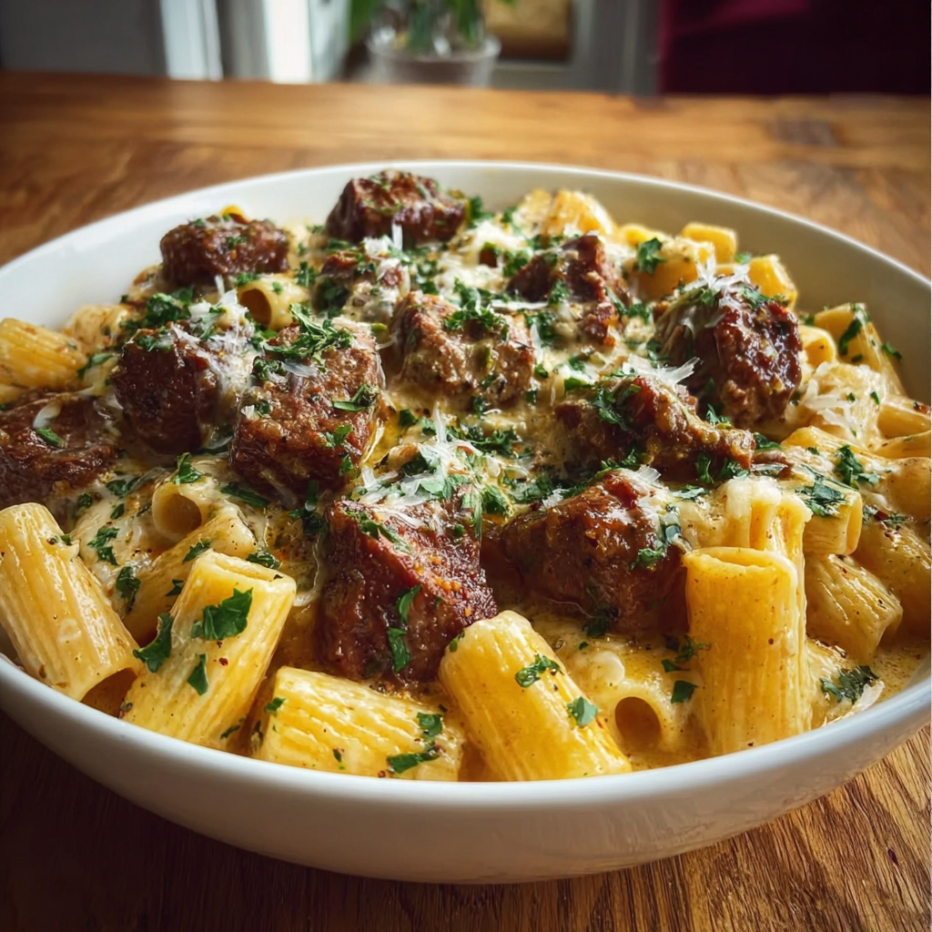 Cajun Steak Tips in Cheesy Rigatoni Parmesan Sauce