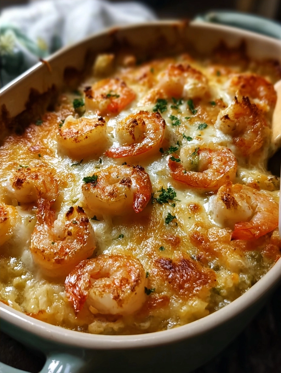 Shrimp Casserole with Creamy Breadcrumb Topping