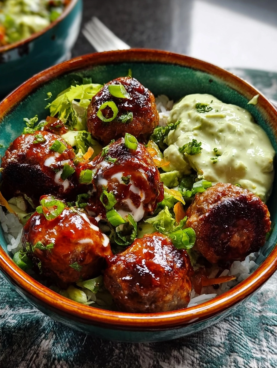 Barbecue Meatball Bowls with Creamy Avocado Sauce