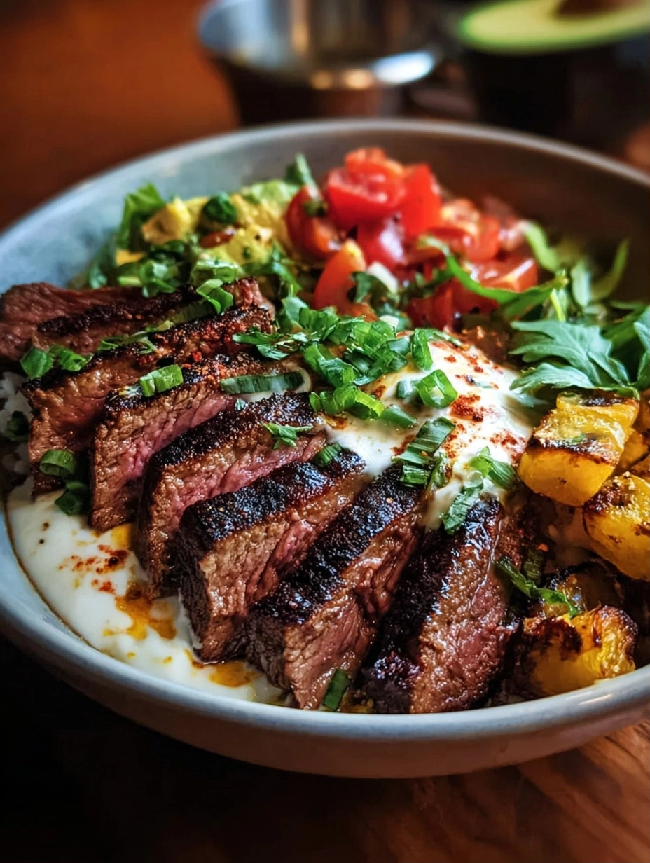 Grilled Steak Bowl with Vibrant Toppings and Zesty Lime Sauce