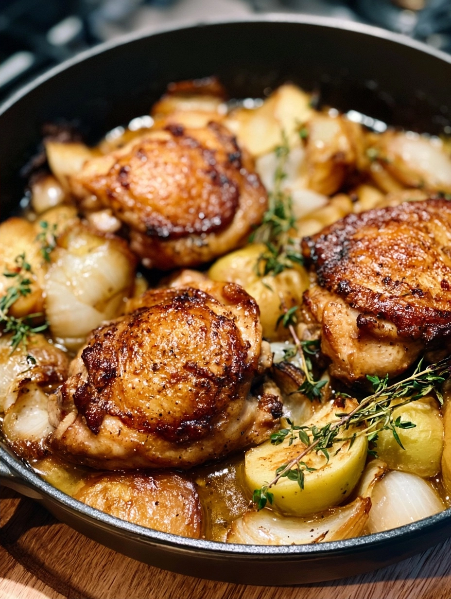 Tender Braised Chicken Thighs with Apples and Onions